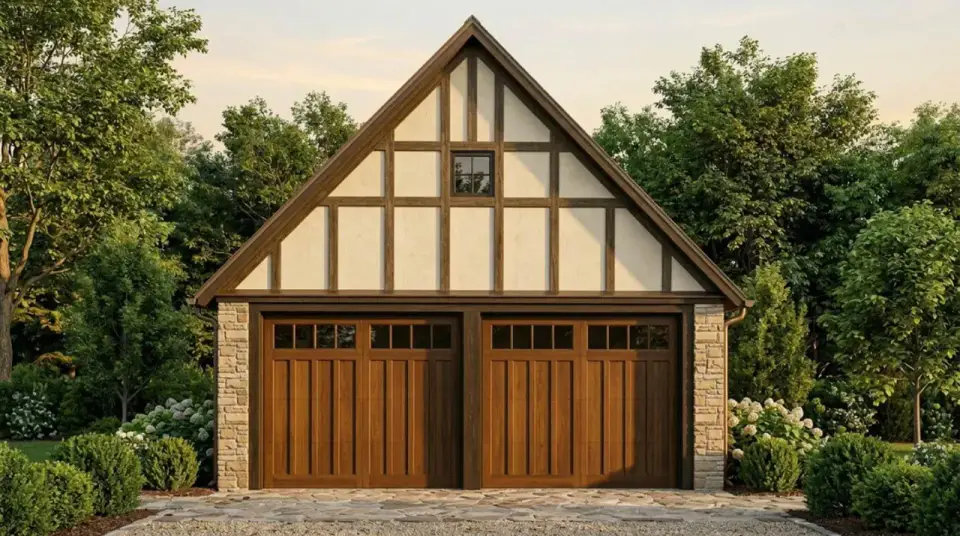 Plan 70960MK side elevation Tudor cottage with half-timbering gable and stone chimney