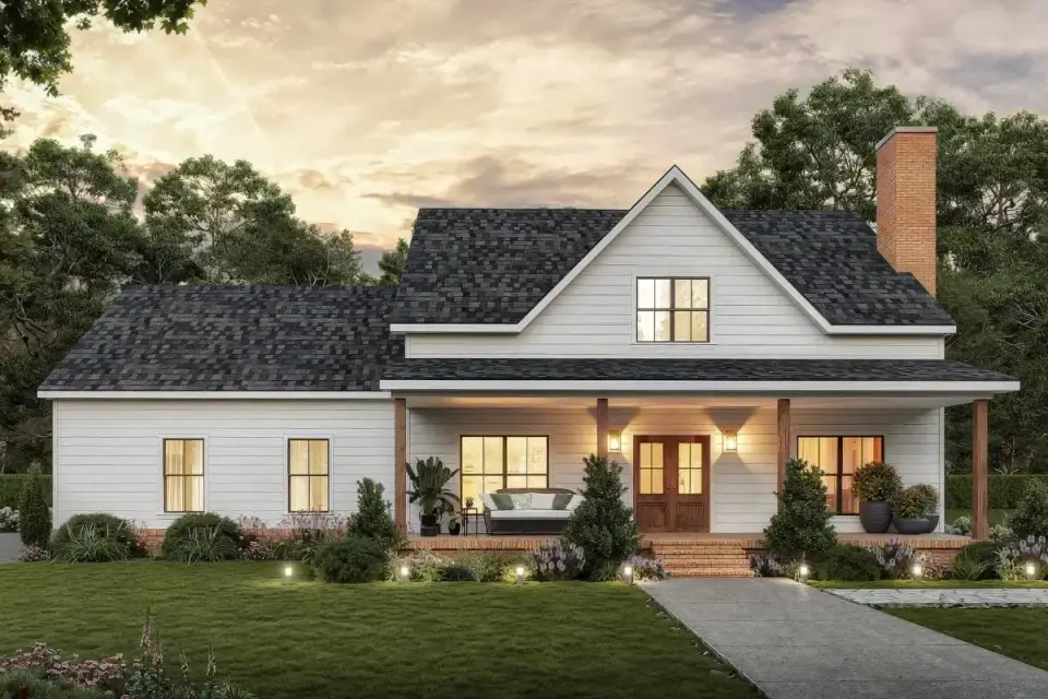 Plan 810056RBT front elevation — white board-and-batten modern farmhouse with brick chimney metal shed-roof accent over front porch dark-framed windows and timber porch posts