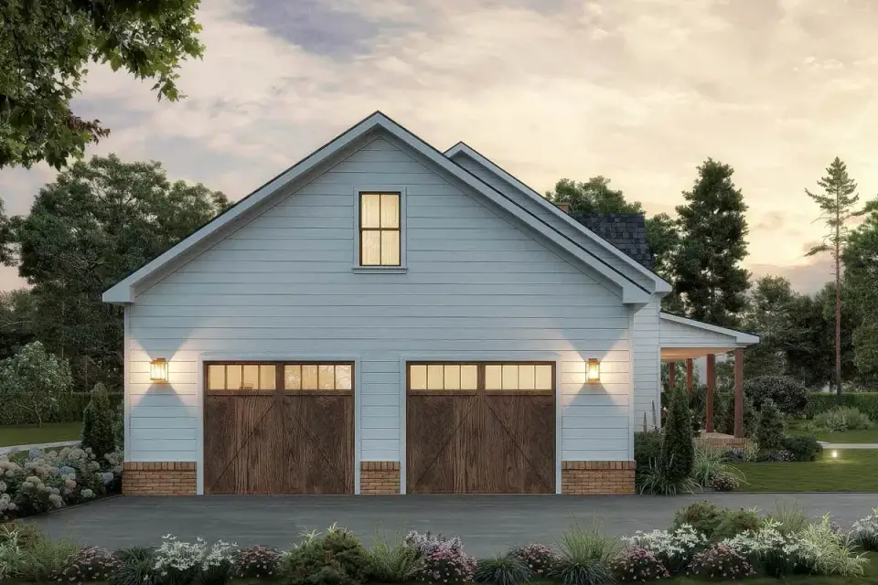 Plan 810056RBT angled front three-quarter view showing side-entry 2-car garage with carriage-style doors and deep covered front porch