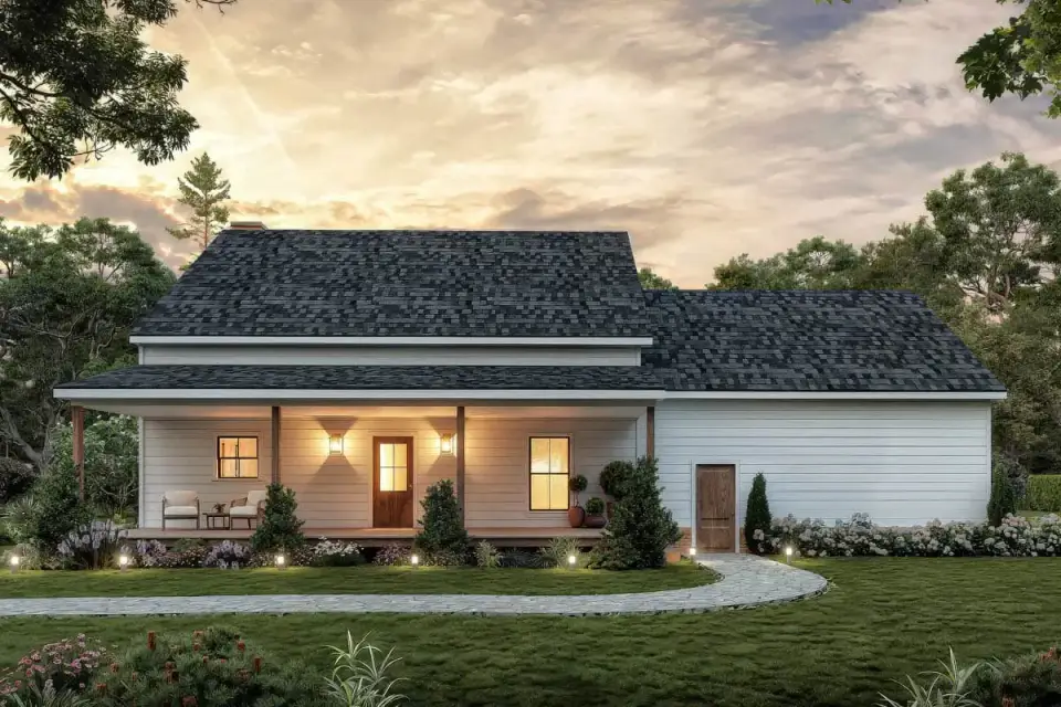 Plan 810056RBT side elevation modern farmhouse with brick chimney and black standing-seam metal roof details