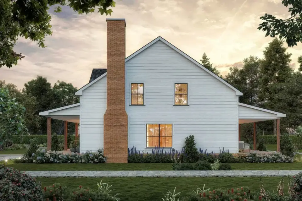 Plan 810056RBT rear elevation with covered rear porch expansive window wall and timber porch posts opening onto outdoor living