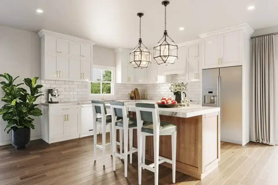 Plan 810056RBT interior rendering of the open-concept living room kitchen and dining area with vaulted ceiling fireplace focal point and expansive rear-facing windows