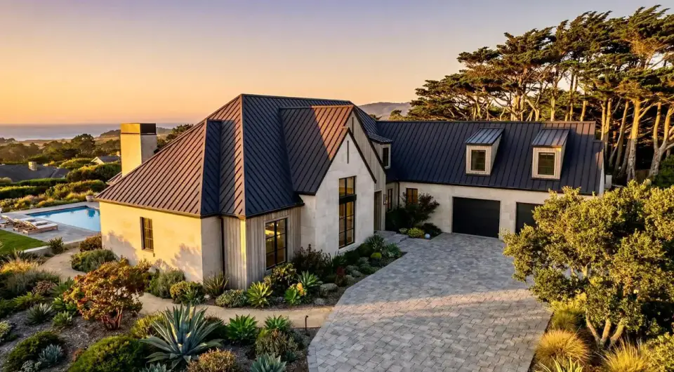Coastal contemporary 4-bedroom ranch front exterior with stone veneer, vertical siding and standing seam metal roof