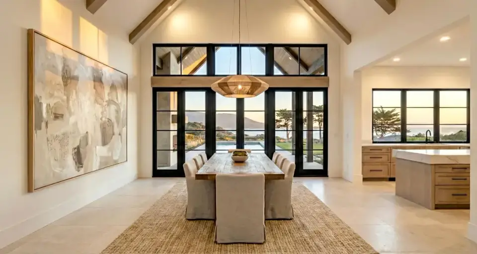 Vaulted primary suite with large windows and view to outdoor area