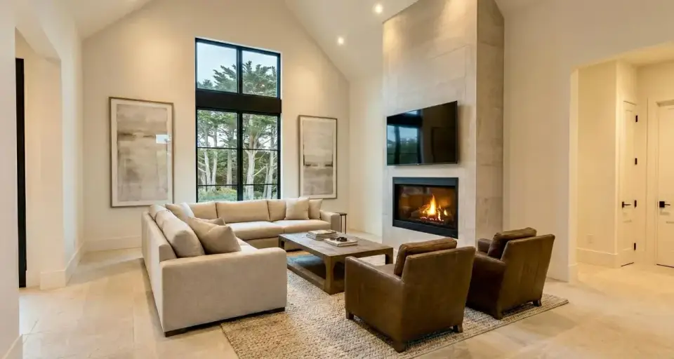 Open kitchen with central island, walk-in pantry and sightline to the vaulted dining and great room