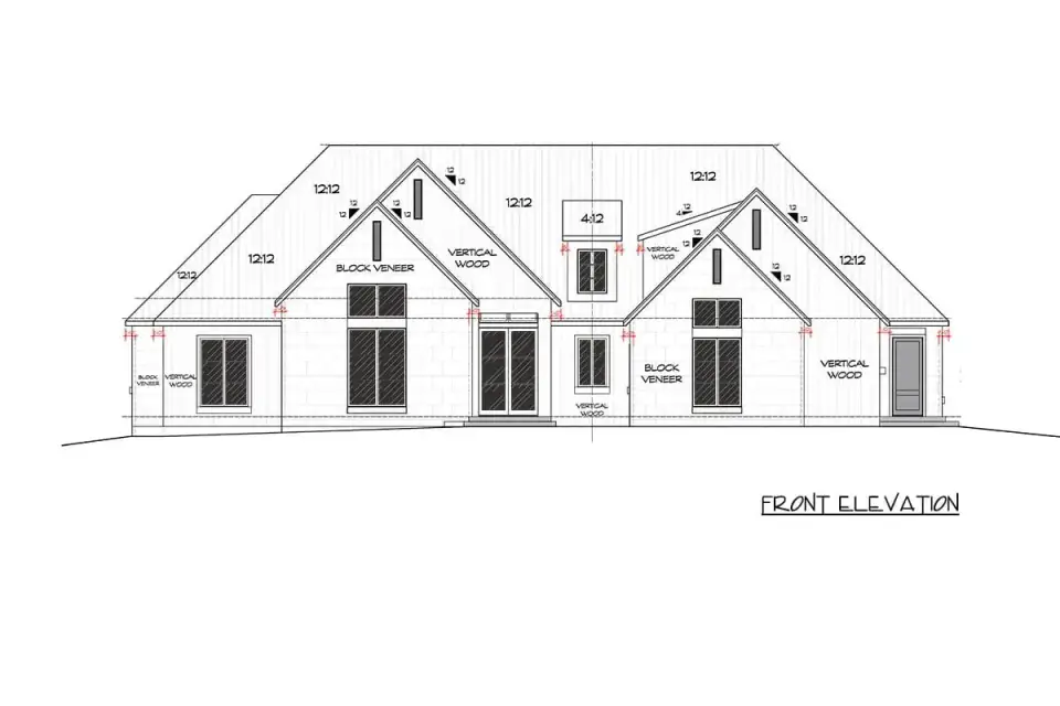 Front elevation drawing showing window proportions and gable composition