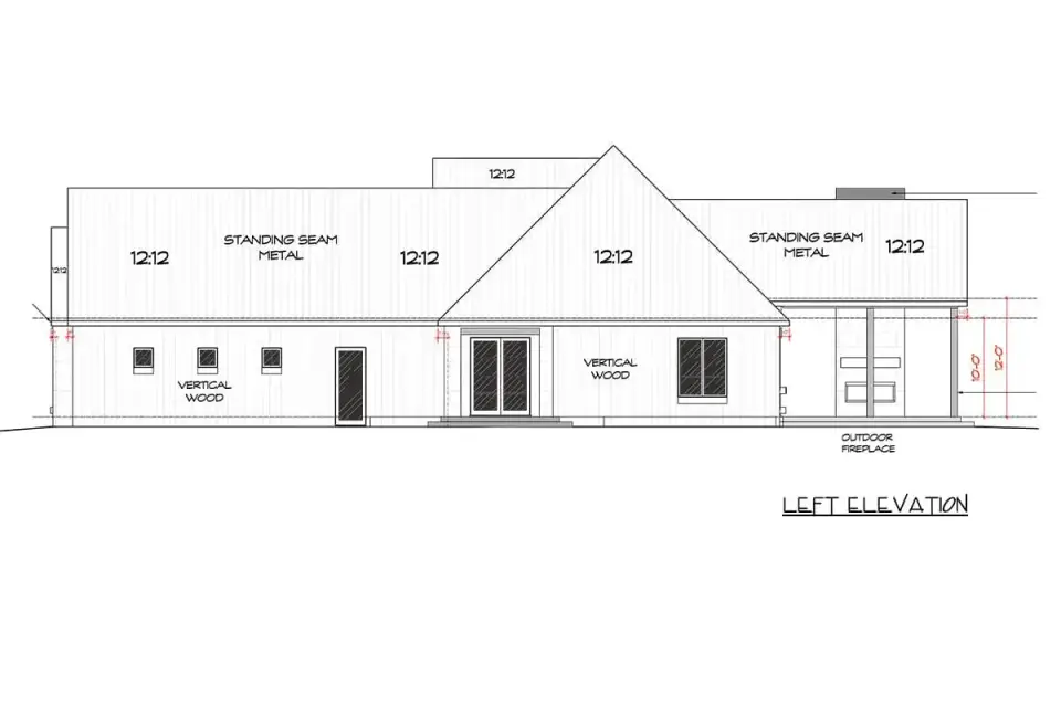 Left side elevation showing roof pitch and side-entry garage
