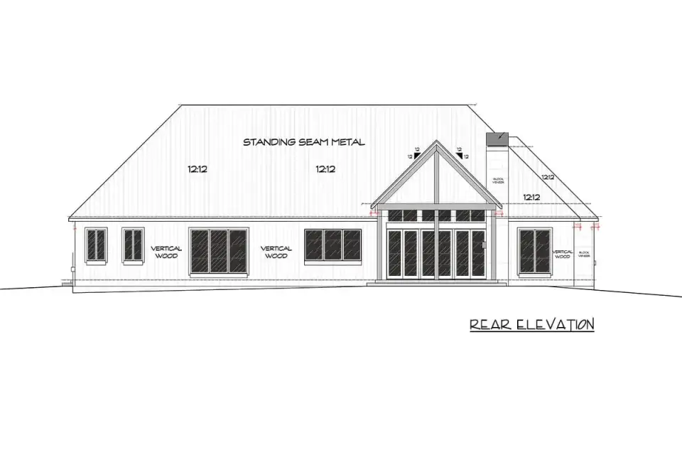 Rear elevation showing vaulted covered porch with outdoor fireplace and indoor-outdoor connection