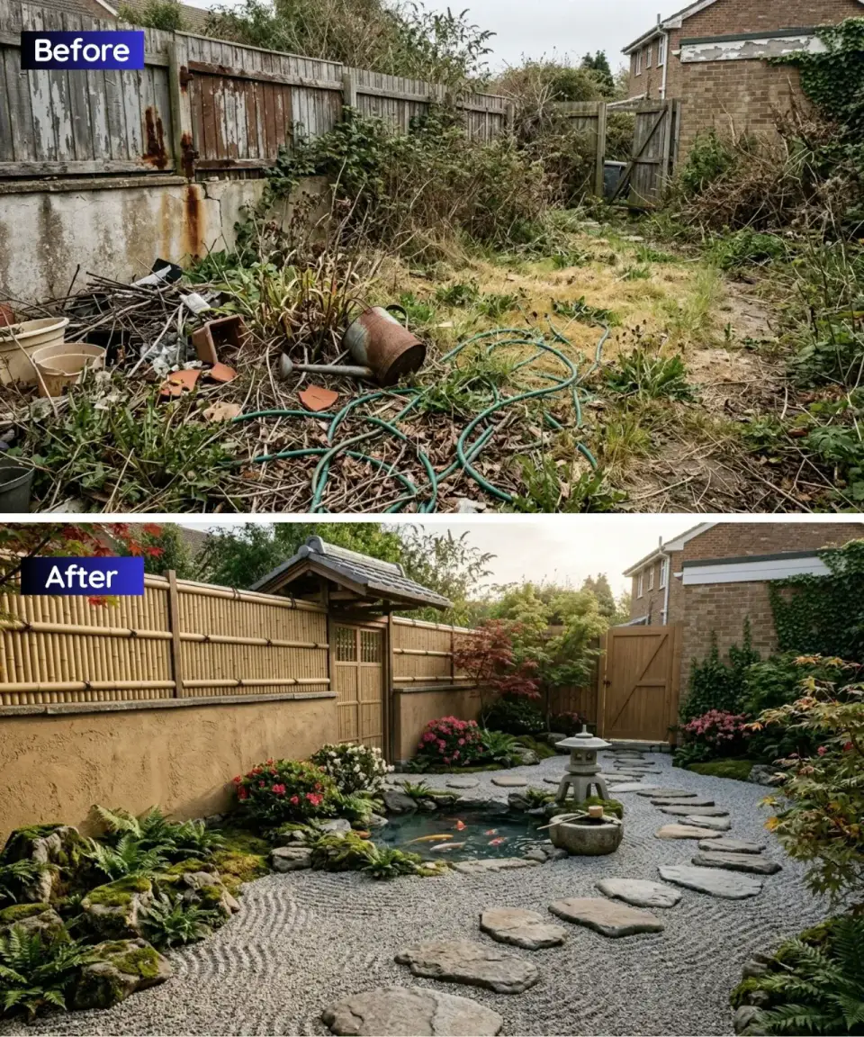 Traditional Japanese tea garden backyard transformation with bamboo screening over old fence raked light gray granite gravel dry ocean with stepping stones small pond with stone lantern tsukubai water basin moss covered rocks ferns azaleas Japanese maple layered planting small wooden gate and roofed structure creating tranquil peaceful scene