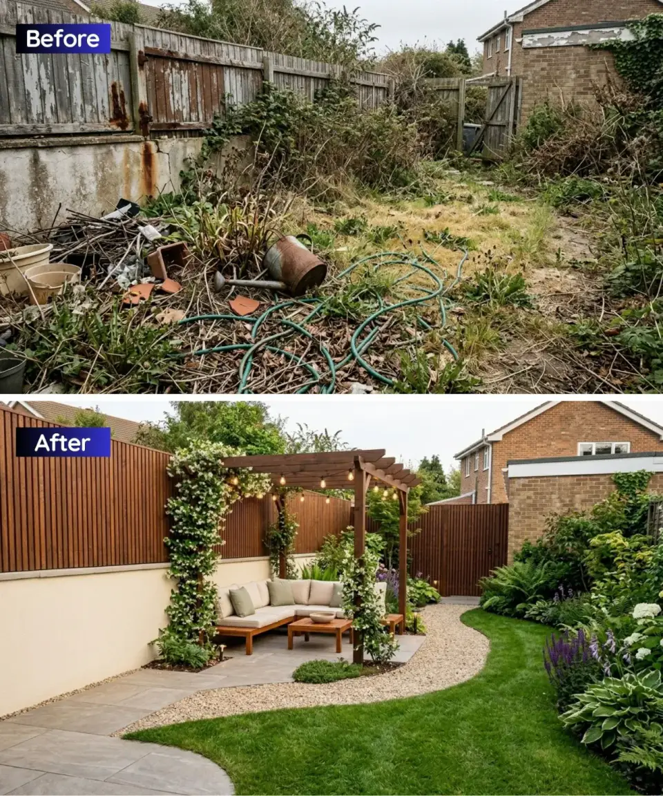 Contemporary pergola lounge garden transformation with vertical timber cladding fence curved light gravel path lush lawn white hydrangeas climbing plants freestanding wooden pergola defining sectional sofa seating zone and string lights overhead for evening use