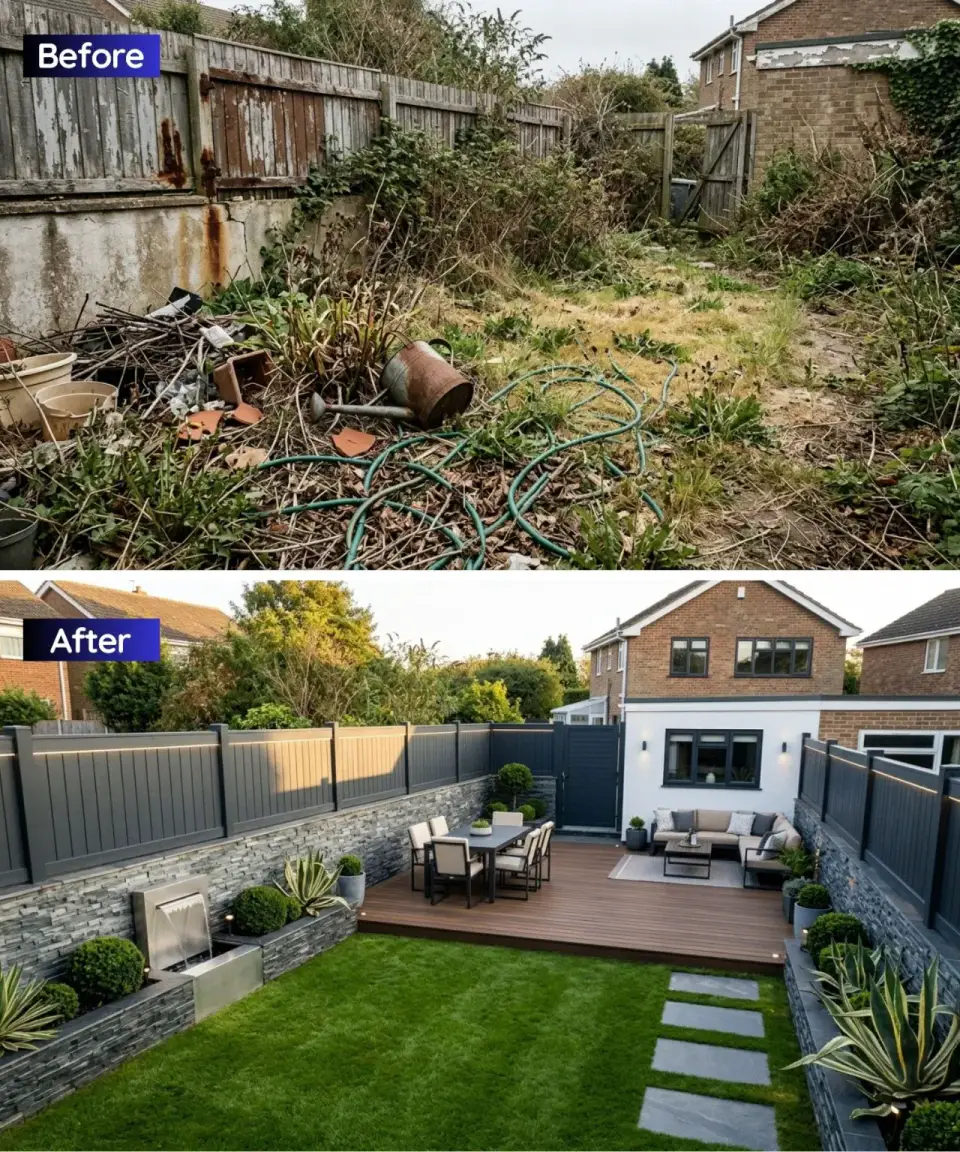 Modern zen minimalist backyard transformation with charcoal composite deck dining platform large format pavers leading to sculptural stone water feature focal point dark charcoal fencing vibrant green Zoysia lawn and raised stone beds with architectural ornamental grasses