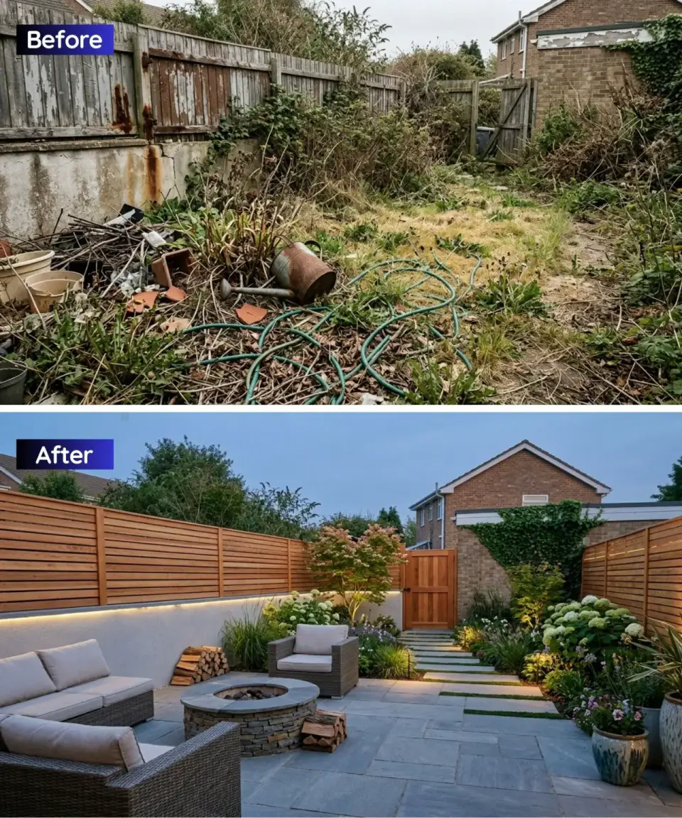 Cozy backyard fire pit retreat with horizontal timber fencing enclosed feel stone fire pit anchoring Adirondack and lounge seating large flagstone pavers interplanted with creeping thyme and Irish moss integrated downlighting under bench and along fence highlighting new maples hydrangeas and ornamental grasses