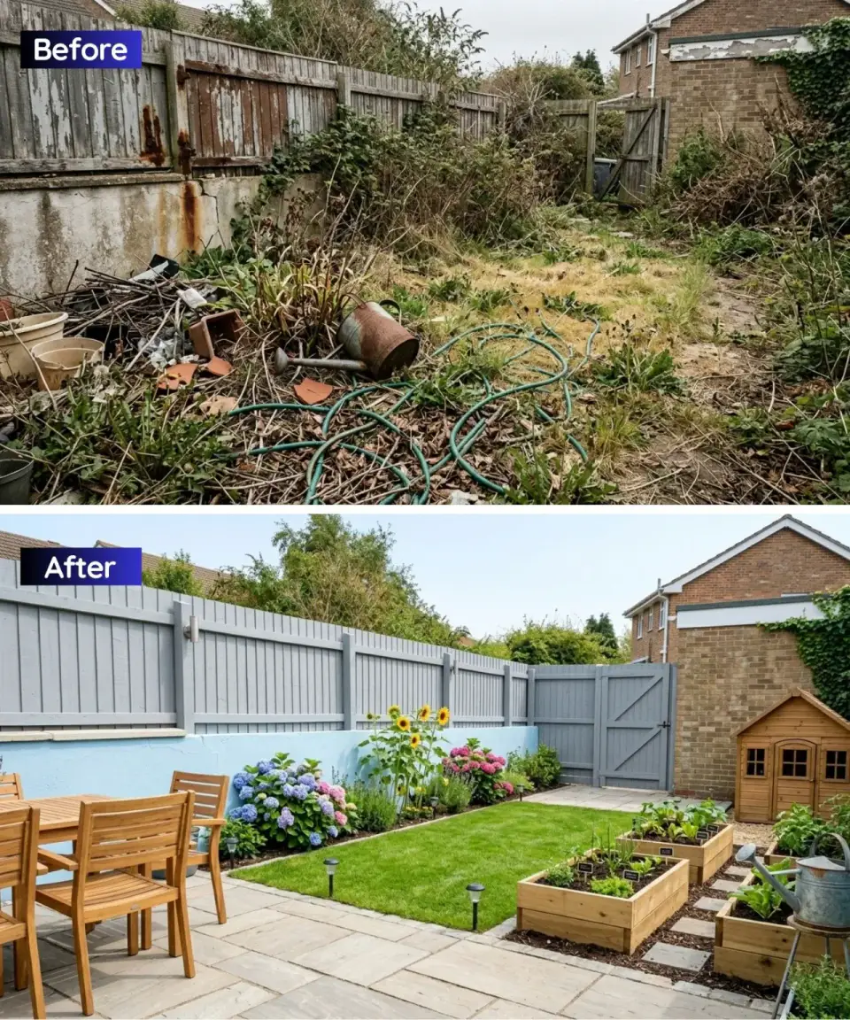 Family friendly backyard kitchen garden transformation with fences painted pale coastal blue new small patio with teak dining set three raised cedar planter beds overflowing with tomatoes peppers herbs and cut flowers small cedar playhouse in corner pollinator border and defined dining growing and play zones