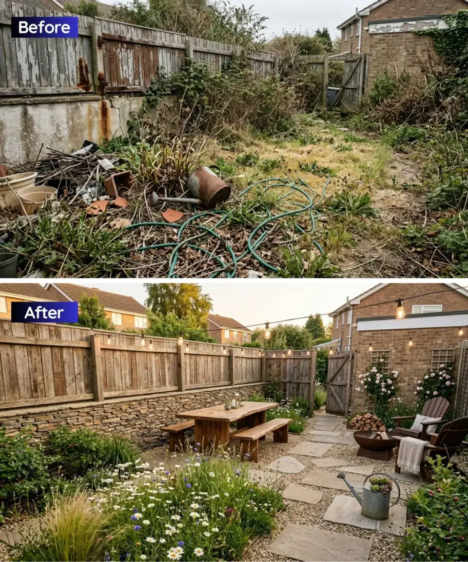 Rustic wildflower haven backyard with stacked stone retaining wall replacing old concrete chunky live edge wooden dining table and benches on decomposed granite gravel patio abundant pollinator wildflower meadow planting two Adirondack chairs by copper fire bowl and draped string lights creating relaxed cottage garden atmosphere