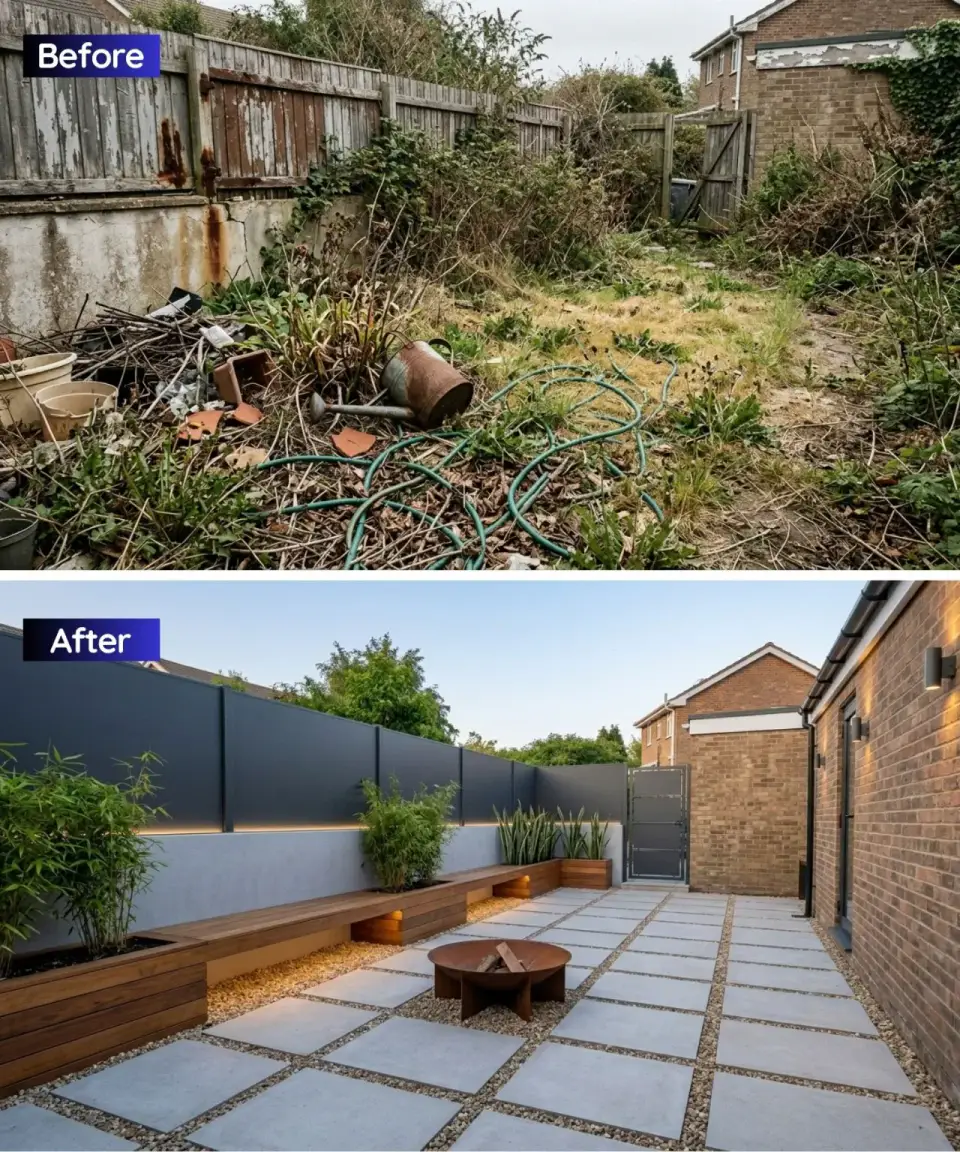 Sleek architectural minimalist backyard with smooth charcoal rendered walls long floating cedar bench with integrated warm LED underlighting geometric grid of square concrete pavers separated by fine black gravel sculptural corten steel fire bowl centerpiece clumping bamboo and sansevieria in low black planters