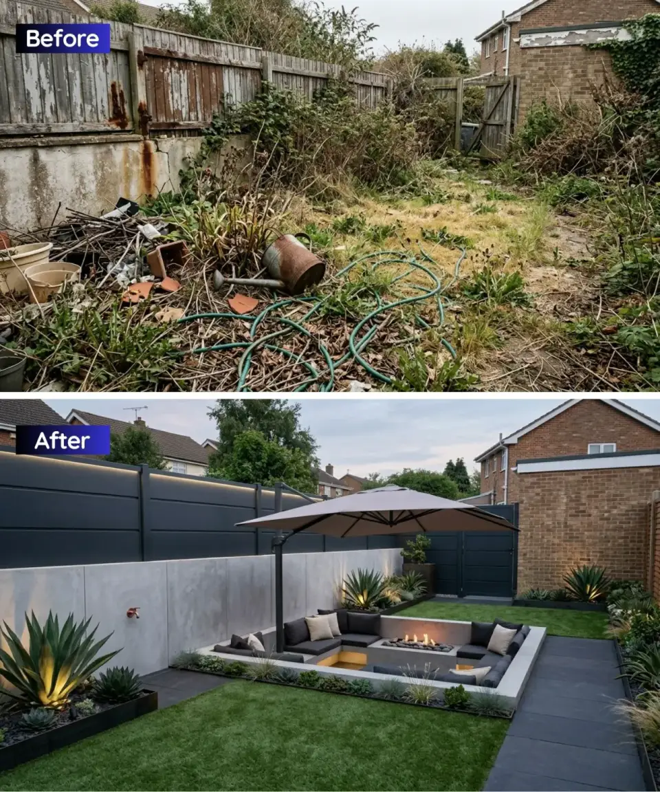 Dramatic sunken backyard fire pit lounge with 30 inch grade change board formed concrete retaining walls rectangular gas fire table at center dark stained horizontal cedar fence surrounding plush artificial lawn upper level sculptural agave americana and yucca rostrata plantings and large black cantilever umbrella for afternoon shade