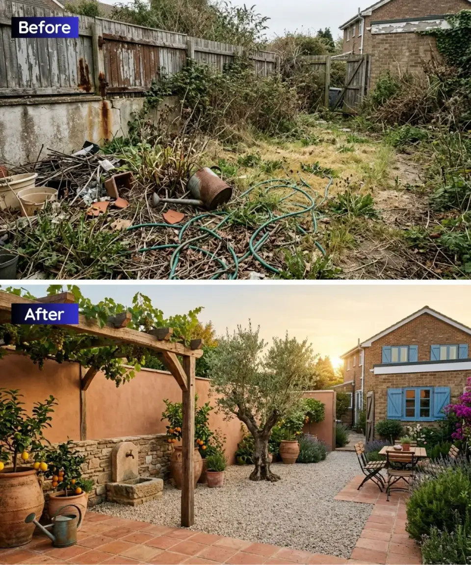 Mediterranean courtyard escape backyard transformation with warm terracotta rendered walls combined gravel and terracotta tile flooring rustic timber pergola supporting mature grapevine providing dappled shade antique stone water trough as feature olive trees lavender and citrus in large terracotta pots sun drenched fragrant atmosphere
