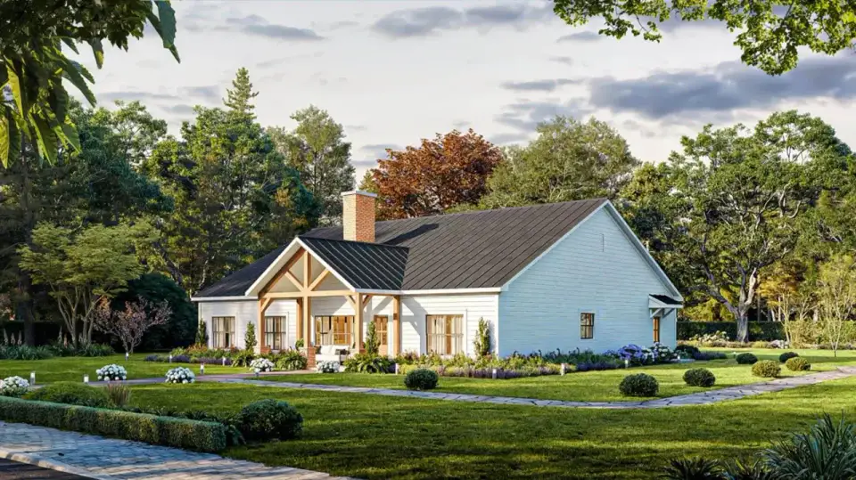 Covered front porch with timber columns and board-and-batten siding