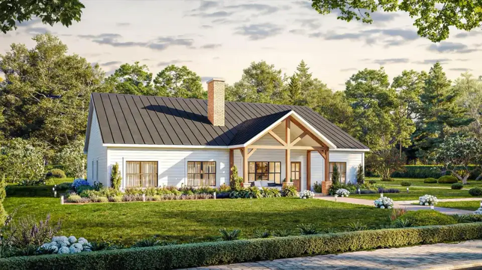 Rear elevation showing deep covered back porch and gabled roofline