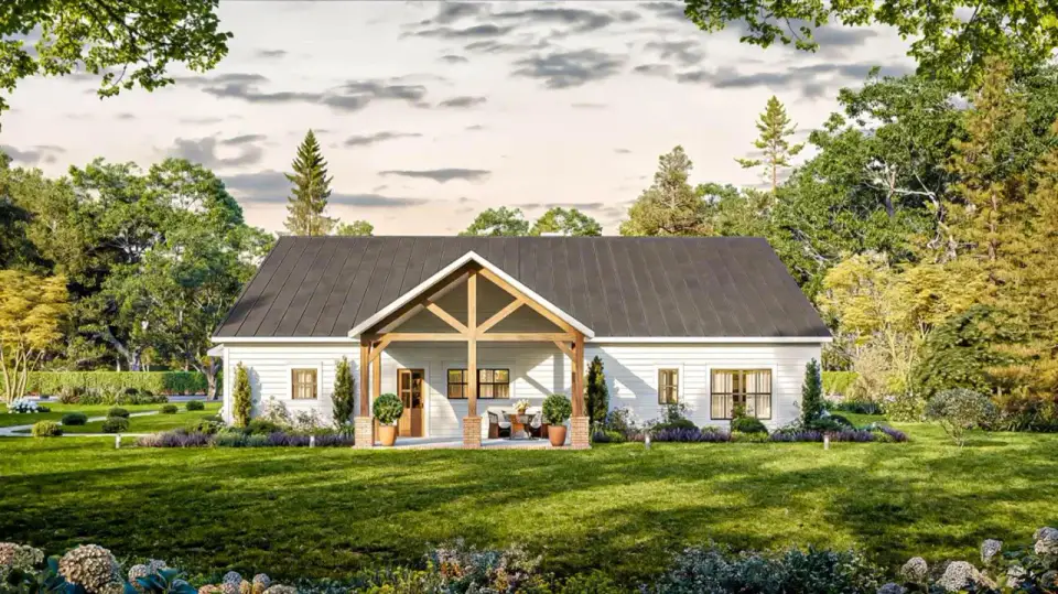 Side elevation of single-story modern farmhouse with stone veneer chimney