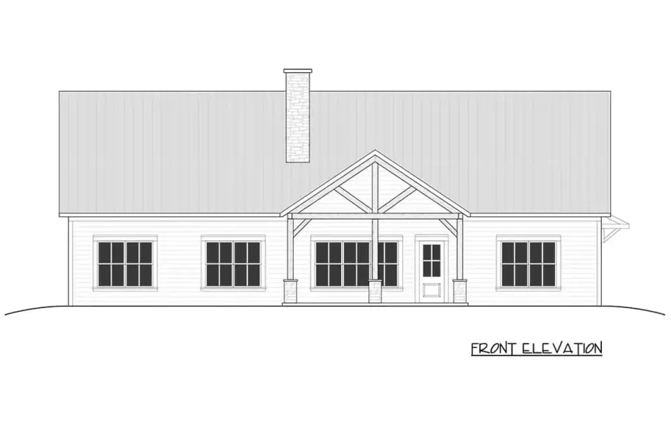 Angled view of front cross-gable entry porch with exposed timber trusses