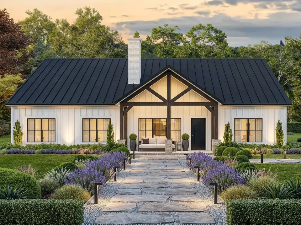 High-contrast modern farmhouse facade with crisp white vertical siding, black metal roof, and dark timber trusses