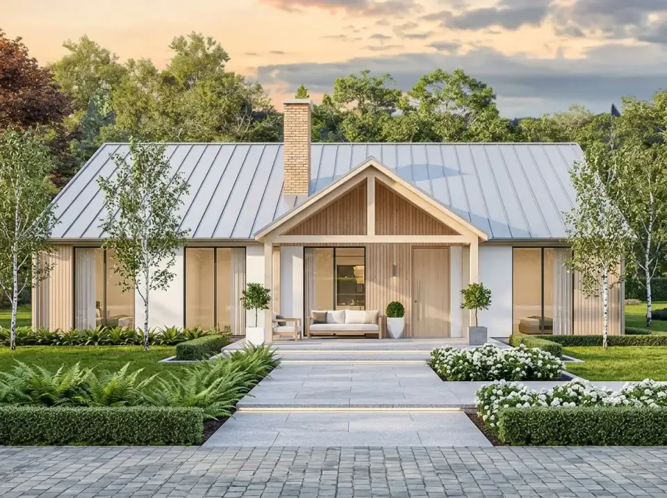 Scandi-farmhouse facade with light vertical wood cladding, white stucco, and grey metal roof