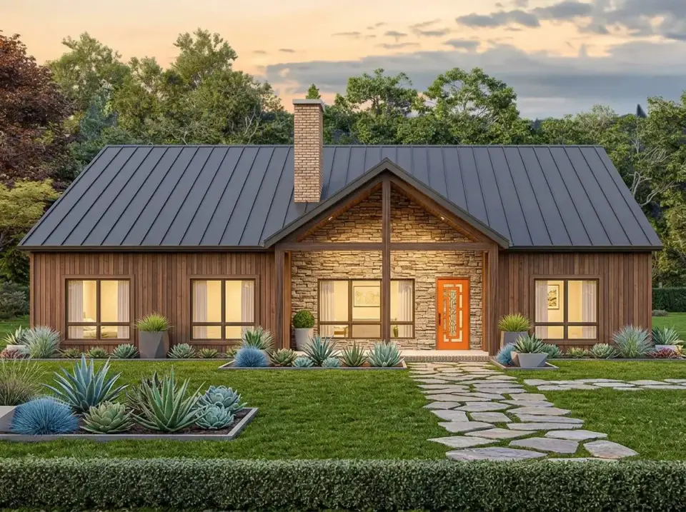 Rustic stone and timber facade with warm brown vertical wood siding and stacked stone entry gable