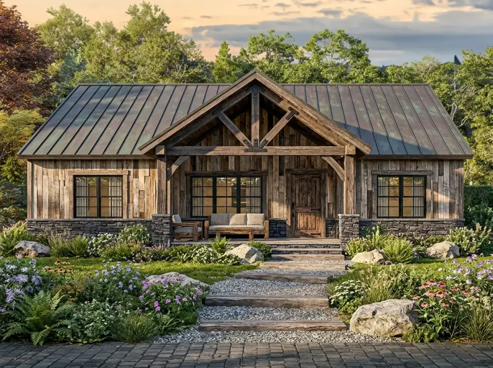 Mountain rustic facade with distressed reclaimed timber siding and aged copper patina metal roof