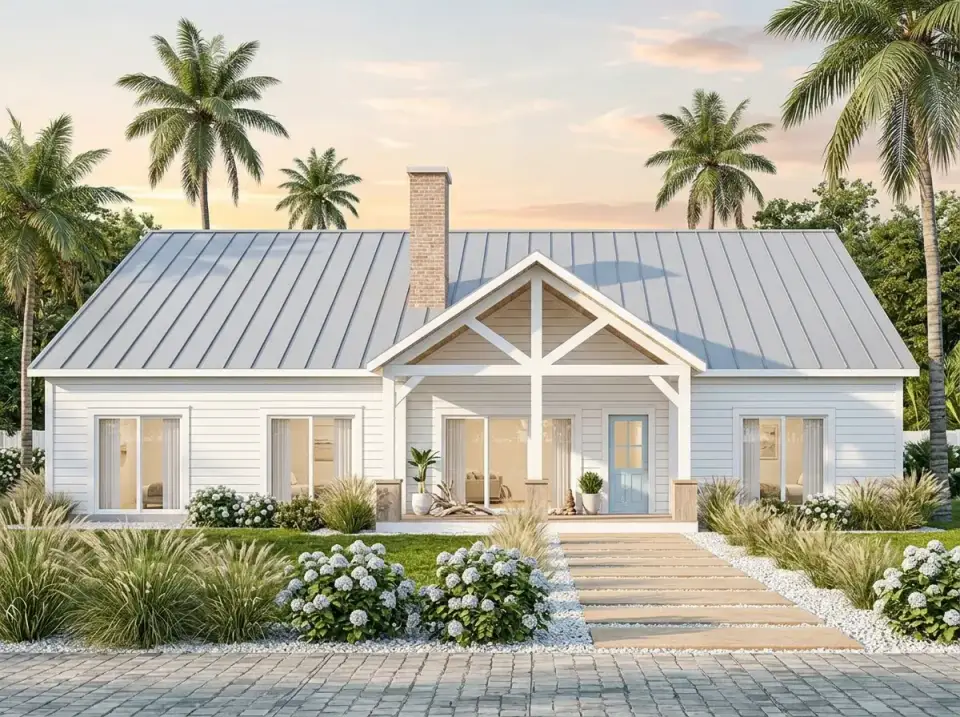 Coastal breeze farmhouse with crisp white horizontal siding, light grey metal roof, and light blue front door
