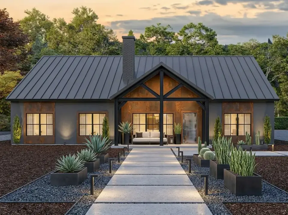 Modern industrial facade with dark grey stucco, Corten steel entry gable, and dark metal I-beams