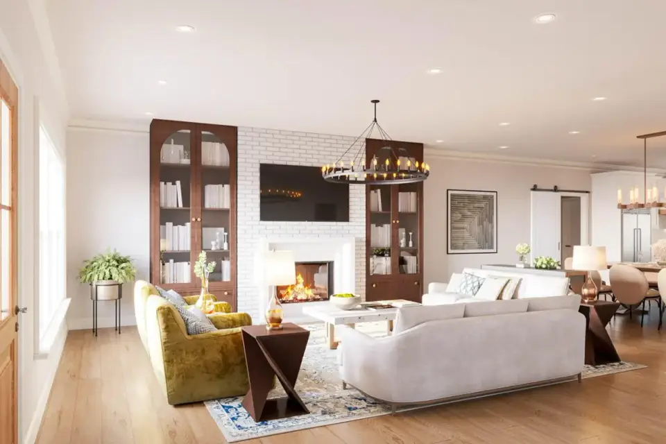 Great room with vaulted ceiling, exposed beams, and fireplace
