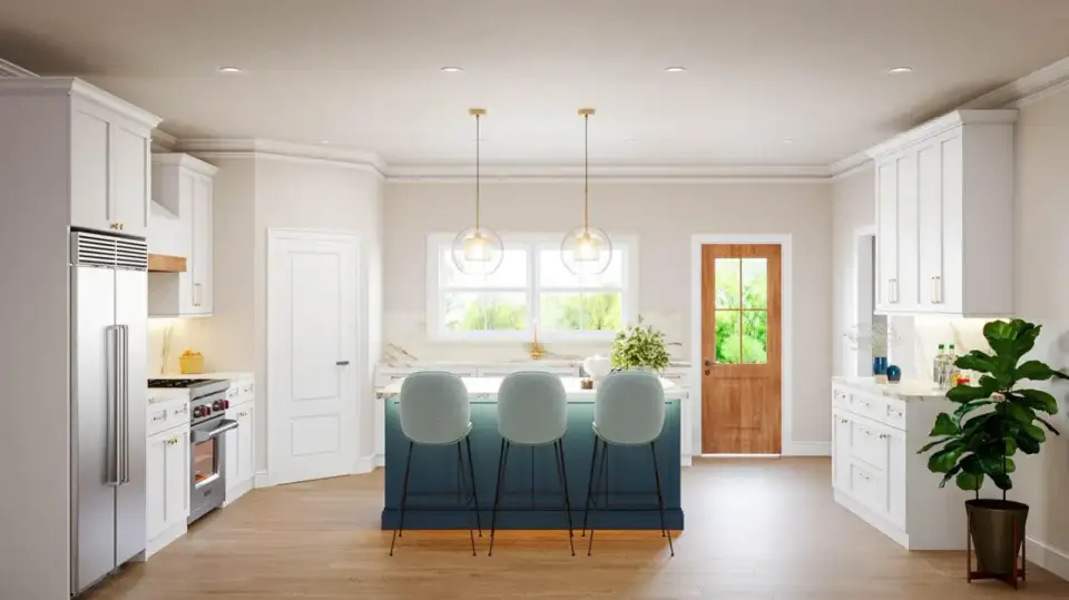 Primary suite bedroom with vaulted ceiling, large picture window, and hardwood flooring