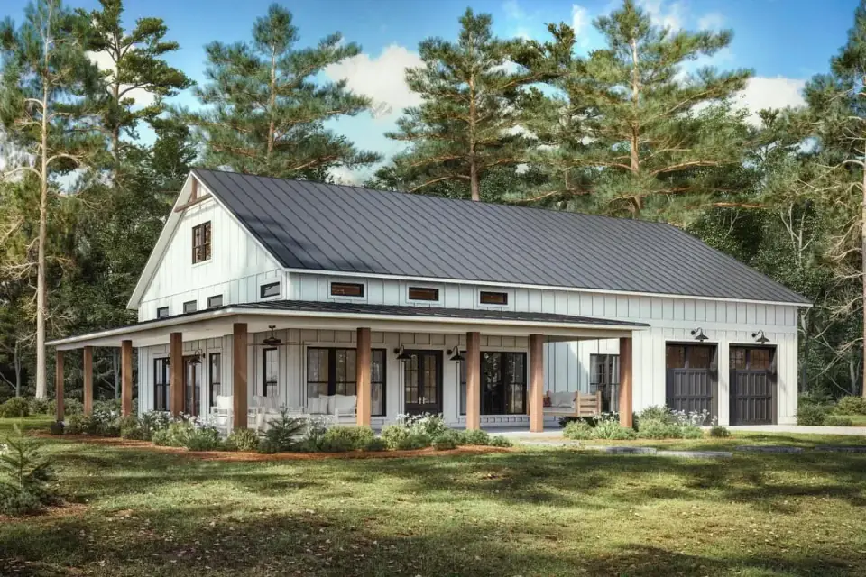 Plan 51942HZ exterior front elevation with James Hardie Artisan board-and-batten siding in BM Simply White OC-117 wraparound porch with 8x8 rough-sawn Douglas fir timber columns Englert 1300 standing seam metal roof in matte black Pella Reserve black-clad windows and two carriage-style 10x10 wood garage doors