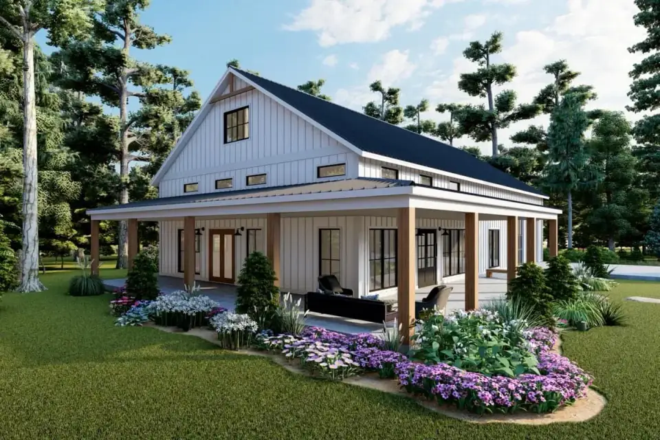 Plan 51942HZ left-side elevation showing wrap-around covered porch extending 10 feet deep with exposed rafter tails board-and-batten gable end shed dormer and attached 1200 sq ft garage wing with tall bay doors