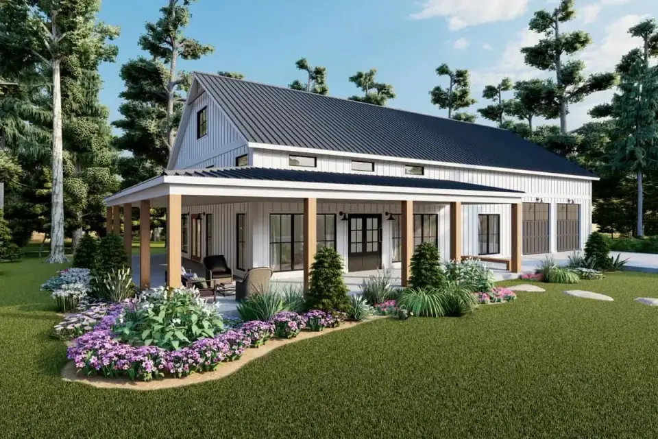 Plan 51942HZ rear elevation with continuous board-and-batten siding central shed dormer exposed timber porch ceiling and minimal fenestration on private bedroom wall