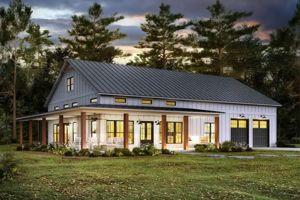 Plan 51942HZ angled front-right three-quarter view showing the massing relationship between main house and garage wing with the wraparound porch acting as architectural transition element
