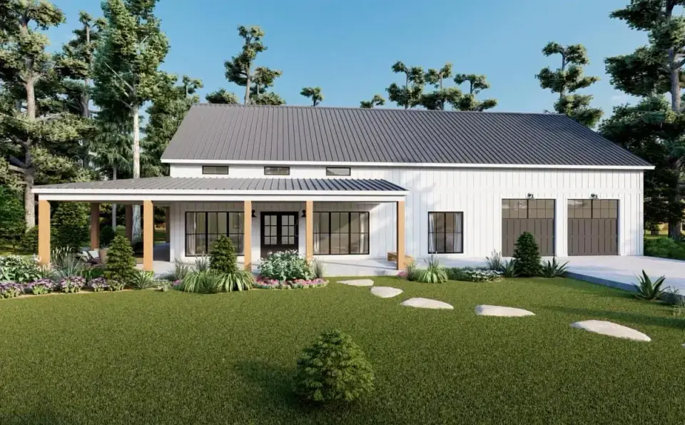 Plan 51942HZ angled left three-quarter elevation showing deep porch shadow line rafter tail expression and board-and-batten module proportion