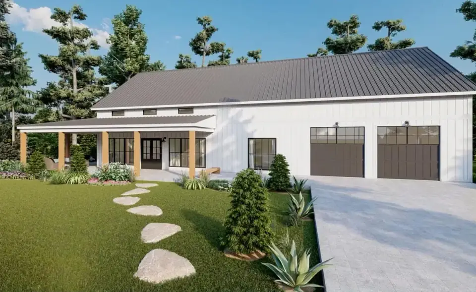 Plan 51942HZ front elevation evening rendering with interior lighting visible through clerestory and primary windows warm porch light fixtures and silhouette of timber porch columns against sky