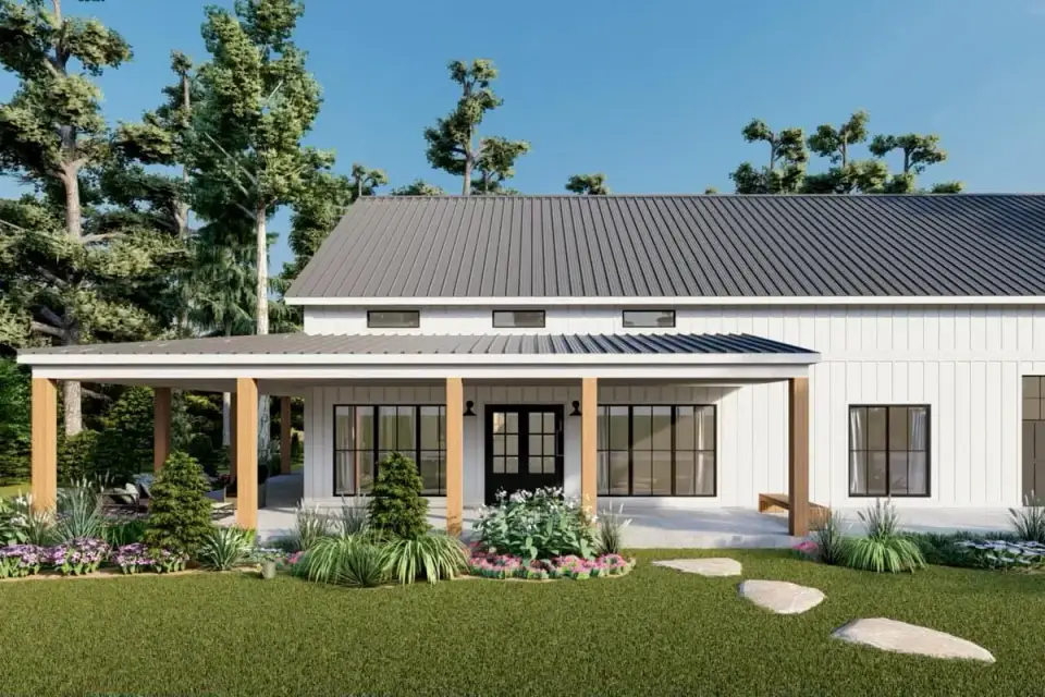 Plan 51942HZ garage-side elevation showing two 10 by 10 overhead doors ladder access gable vent and attic storage area above garage ceiling