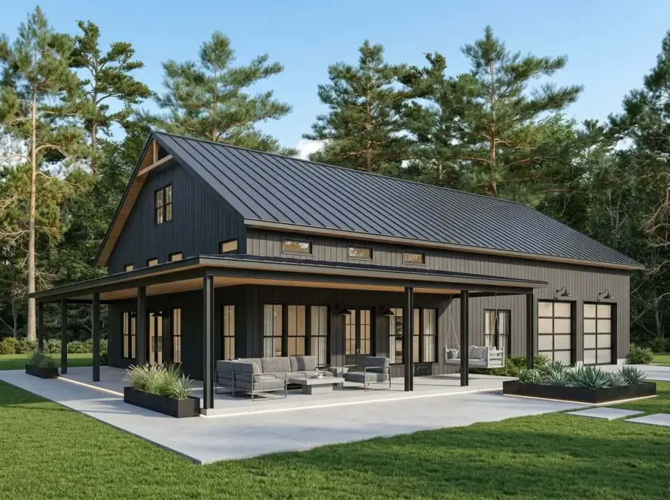 Facade variation 2 Monochromatic All-Black Barndominium with F&B Off-Black No 57 vertical board-and-batten SW Tricorn Black SW 6258 trim matte-black Englert 1300 standing seam roof and minimalist landscape of Stepstone concrete pavers and built-in Corten planters with Parrys Agave