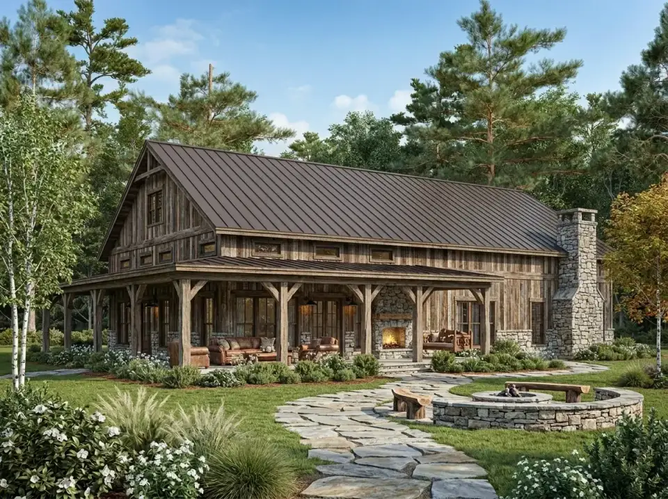 Facade variation 3 Rustic Lodge Barndominium with weathered reclaimed barn wood siding Pennsylvania fieldstone foundation and chimney 10x10 rough-sawn Douglas fir timber columns Tennessee Crab Orchard flagstone walkway ferns hostas and hydrangeas with a stone circle fire pit