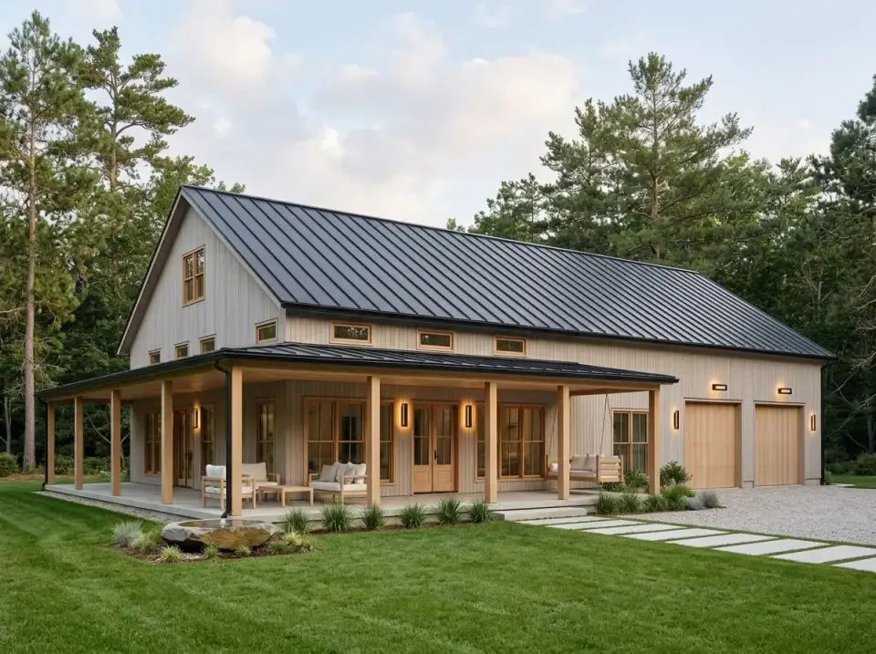 Facade variation 4 Scandinavian Modern Barn with James Hardie vertical siding in BM Pigeon 2124-40 pale grey Thermory white oak natural columns and garage doors Englert 1300 dark bronze metal roof decomposed granite drive Stepstone concrete rectangular pavers and meadow-style Panicum switchgrass landscape