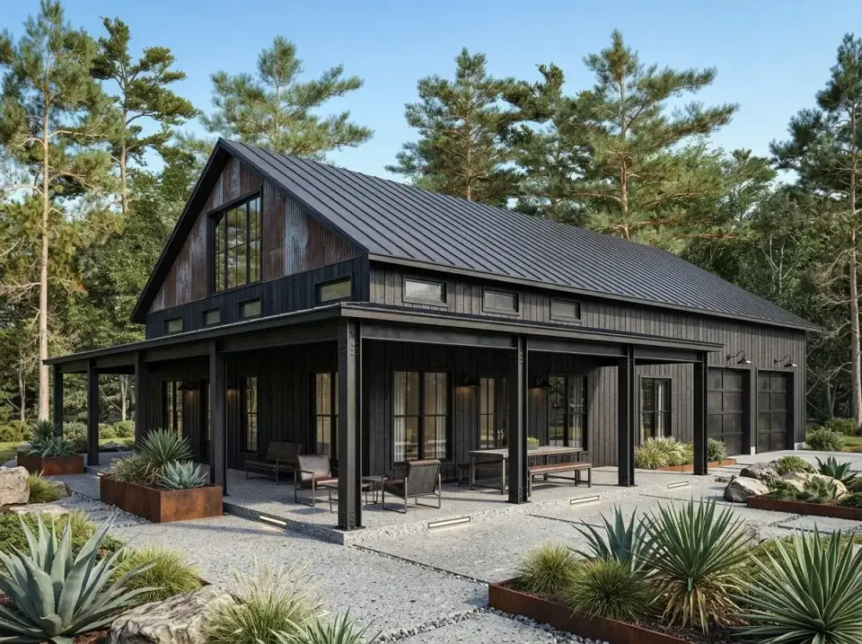 Facade variation 5 Industrial Modern Barndominium with black vertical metal panel siding Corten A588 weathering steel accent gable panels exposed W8x18 steel I-beam columns painted matte black AEP Span Corbrella slate grey siding below and crushed-basalt patio with Ferro-Concrete planters