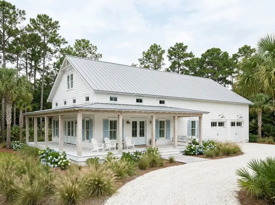 Facade variation 6 Coastal Cottage Barndominium with Maibec white cedar shake siding BM Palladian Blue HC-144 shutters Englert 1300 silver-grey metal roof tapered white columns crushed oyster shell driveway coastal timber boardwalk path Sabal palmetto palms sea oats and Nikko Blue hydrangeas