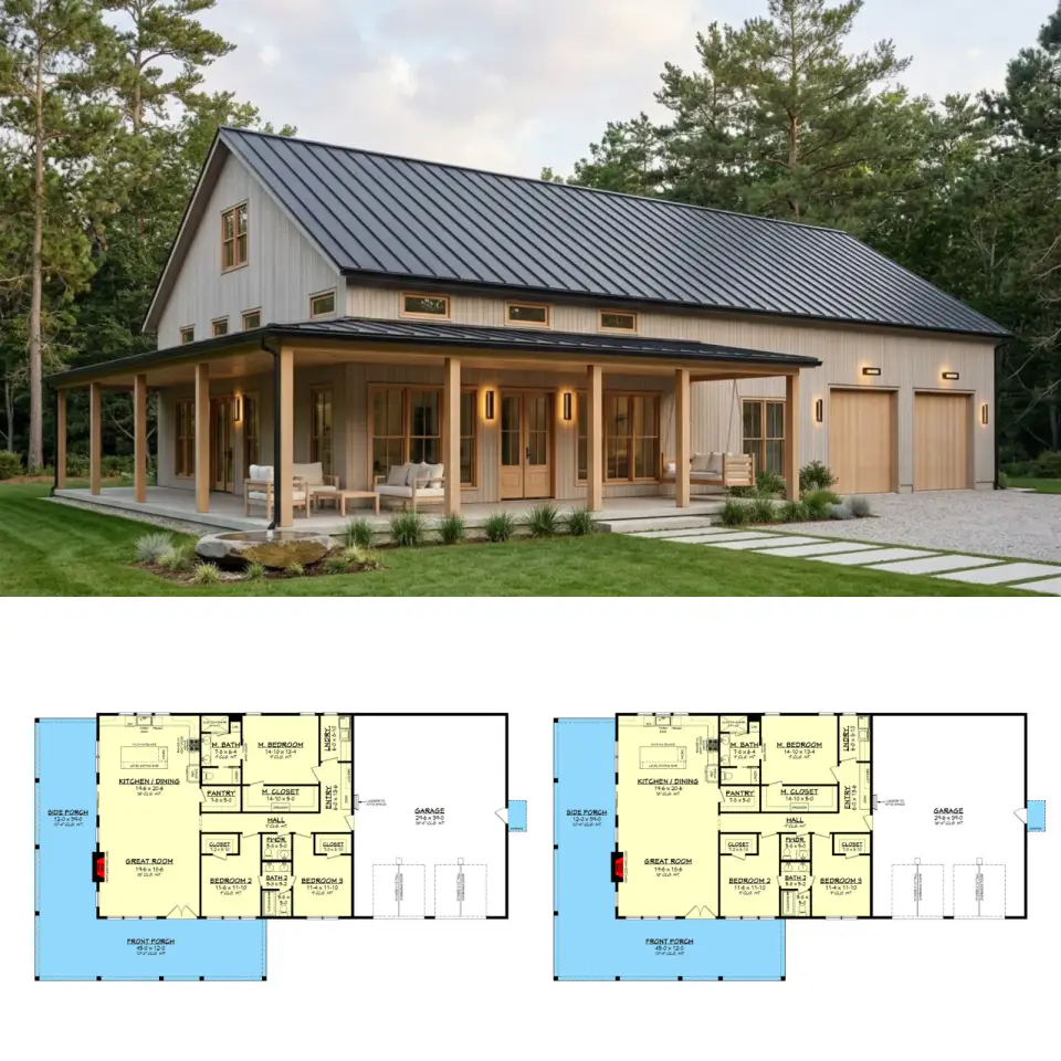2,000 Sq Ft Barndominium Plan with Huge Garage & Porch