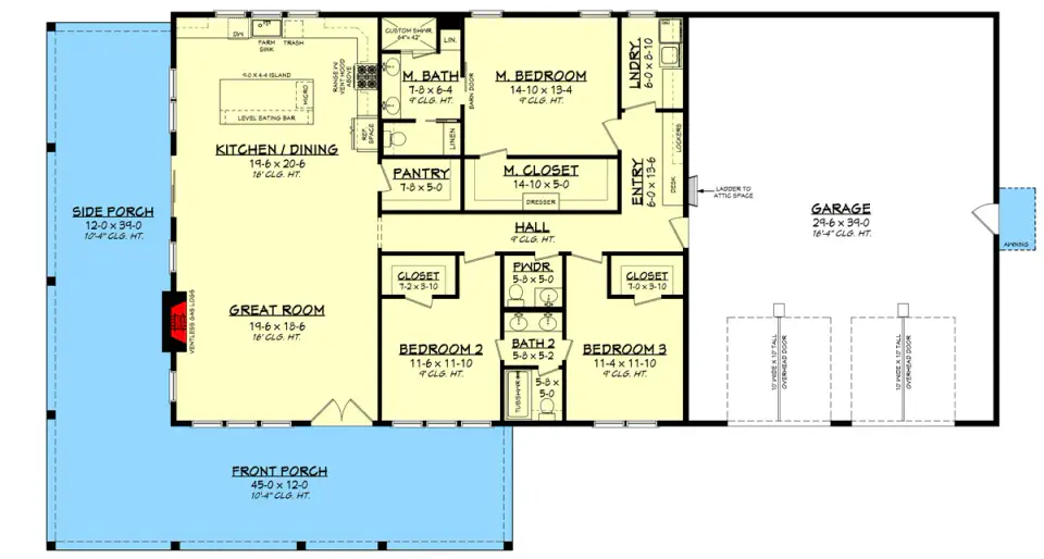 Plan 51942HZ main level floor plan showing 2000 sq ft single-story barndominium with open-concept great room and 16 foot ceilings 9x4 kitchen island walk-in pantry right-side primary suite with dual vanity bathroom walk-in closet connected to laundry room two secondary bedrooms sharing a Jack-and-Jill bathroom with double sinks powder room mudroom with lockers and 1200 sq ft attached garage