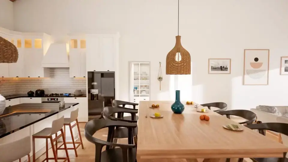 Plan 51942HZ great room interior with 16 foot vaulted ceiling exposed Douglas fir beams wide-plank 7-inch white oak flooring Carl Hansen CH24 dining chairs Article Sven sofa BM Chantilly Lace OC-65 walls and full-height clerestory window wall
