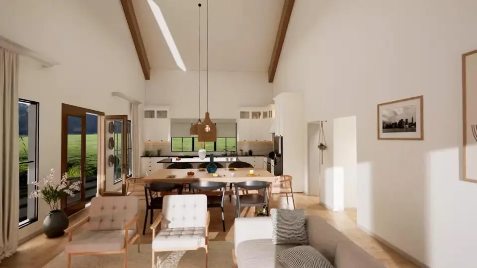 Plan 51942HZ great room alternate view with River Ridge stone fireplace surround floating mantel in salvaged oak custom built-in book shelving in natural alder and neutral wool rug defining the seating area