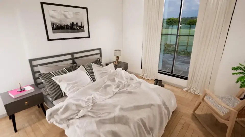 Plan 51942HZ primary bedroom with BM Revere Pewter HC-172 walls West Elm Andes upholstered bed Sferra classico white bedding Visual Comfort Alexandra sconces and view through black-framed casement window to wrap-around porch